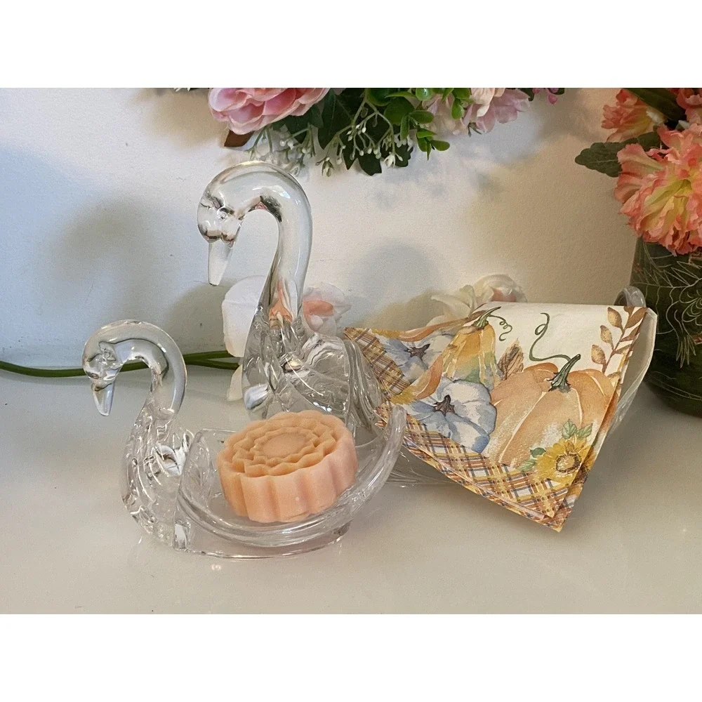 Vintage MCM Lucite Clear Swan Set of 2 Towel & Soap Holders 9